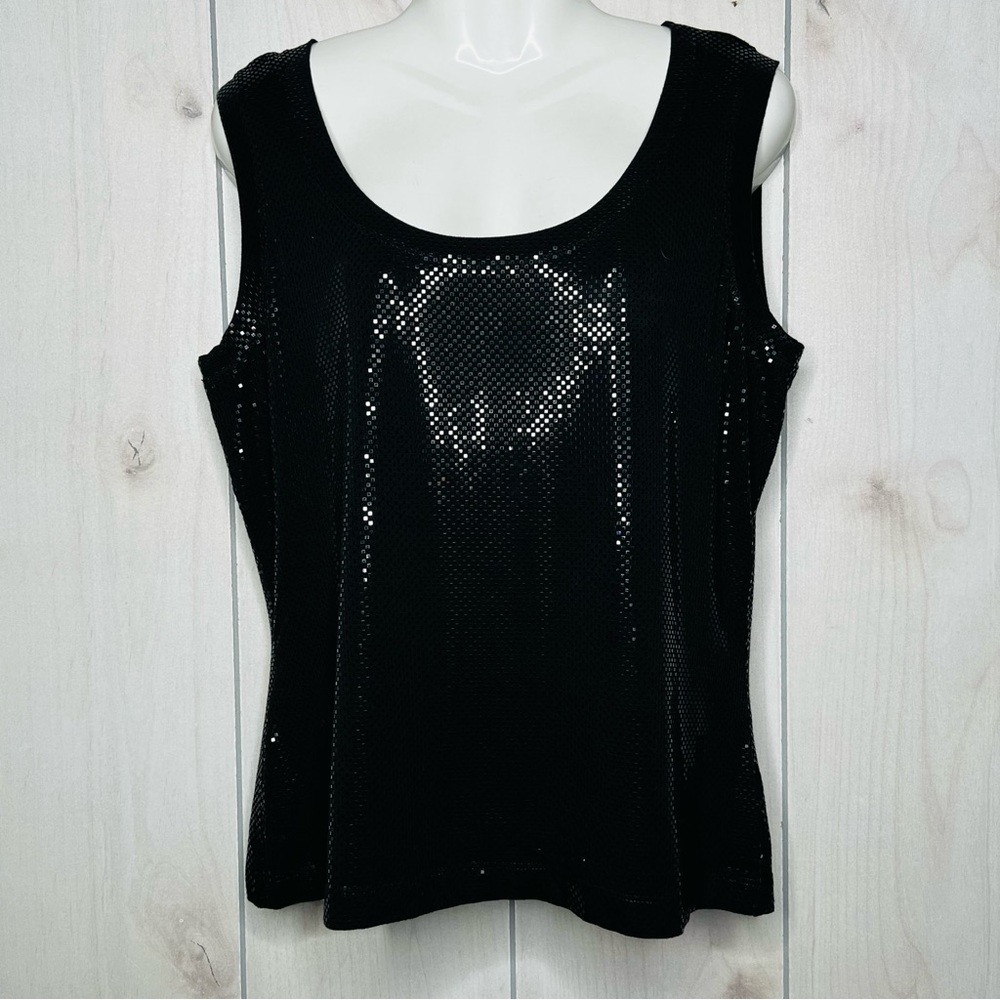 St. John Caviar Black Sequined Sleeveless Scoop Neck Blouse Tank Top L